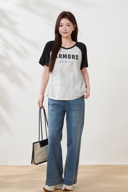 Two-tone raglan sleeve round neck printed T-shirt FXZ8013