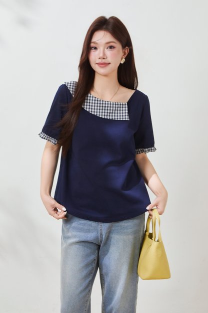 Asymmetrical plaid patchwork off-shoulder T-shirt FXZ7017