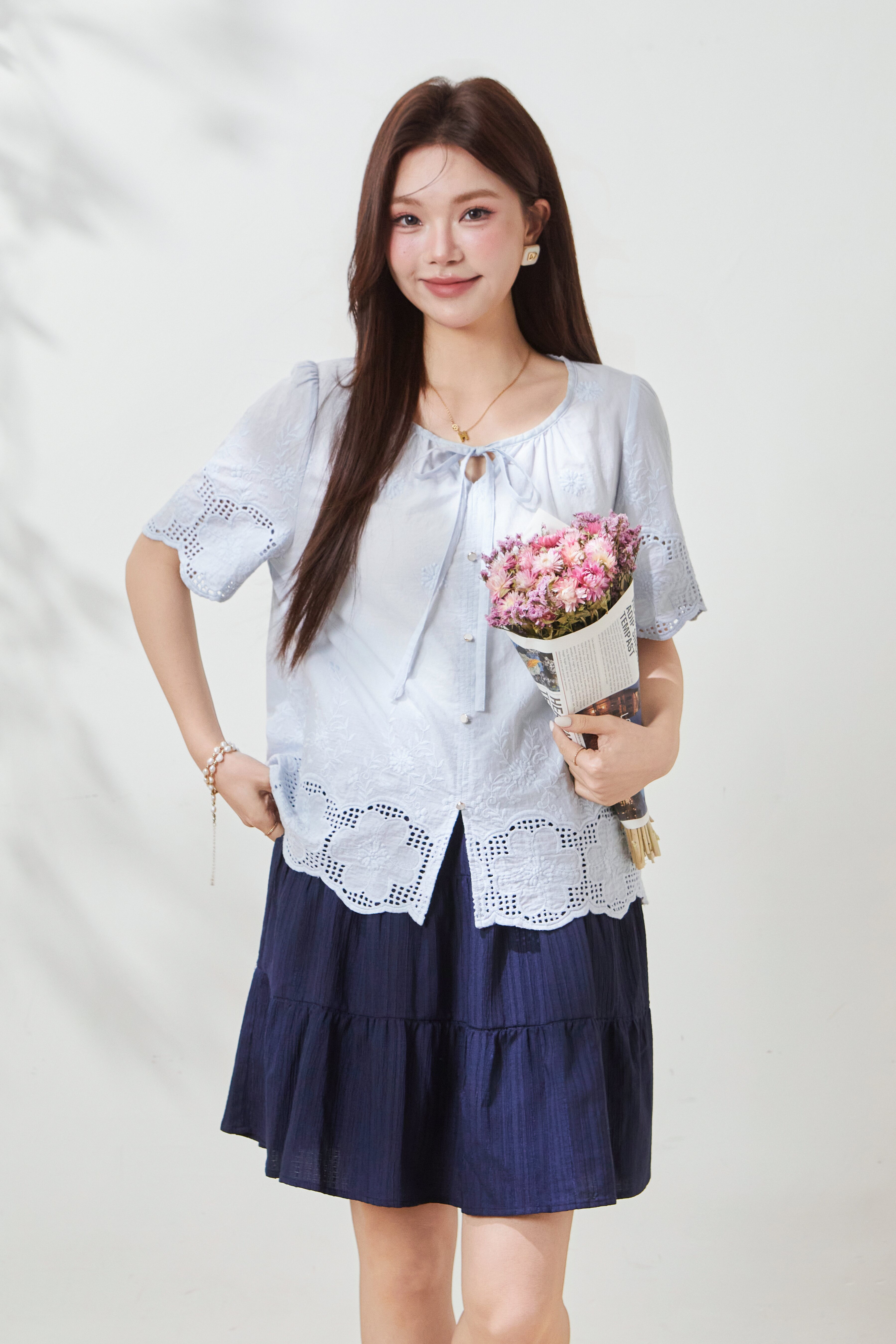 Puff Sleeve Cotton Embroidered Blouse FXA7032