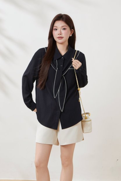 Imitation Cotton-Linen Scarf Collar Shirt FCA6978