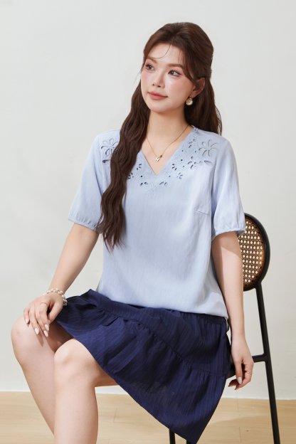 V-neck hollow embroidered top FXA8005