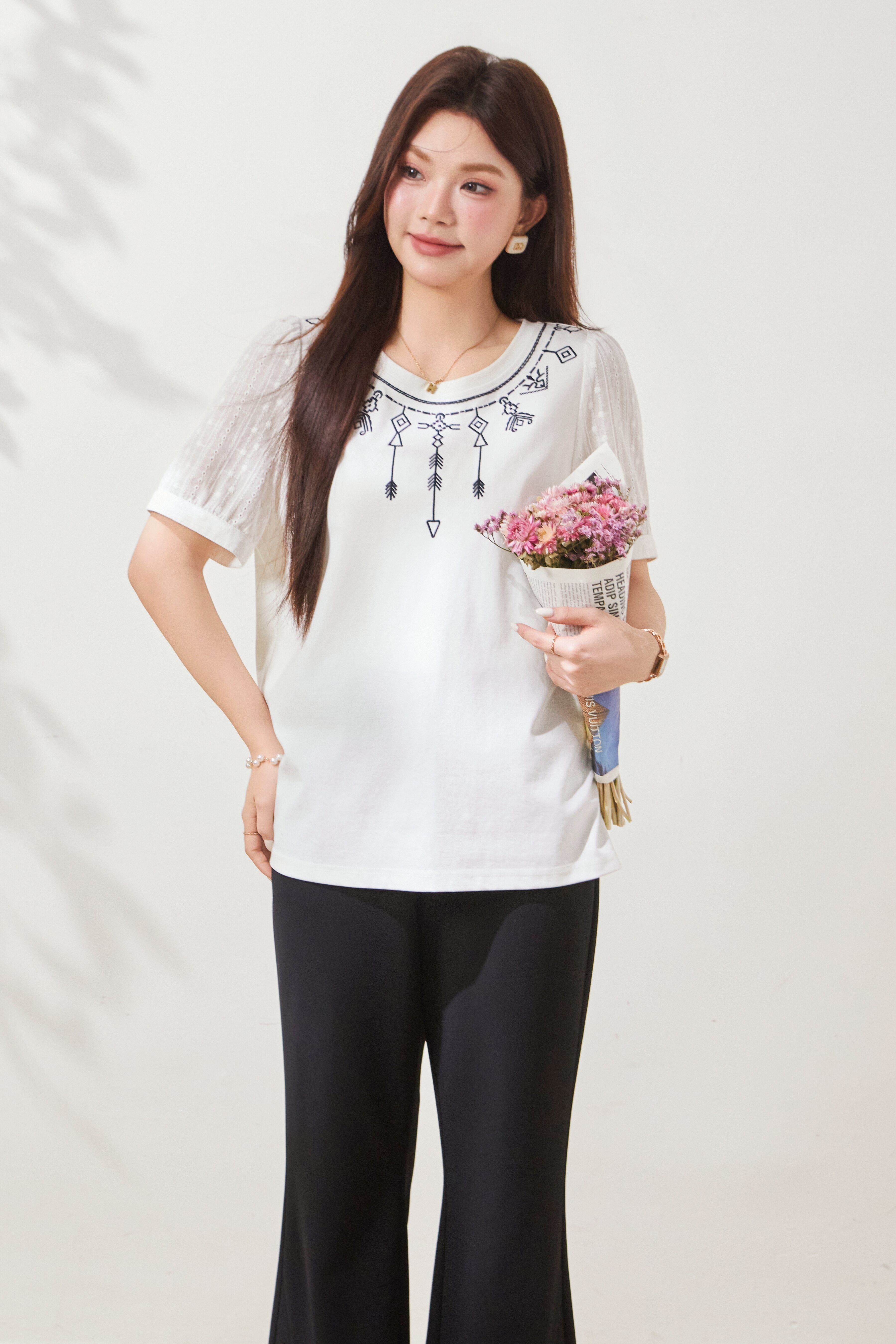 Embroidered Knit Patchwork Cotton T-Shirt FXZ6981