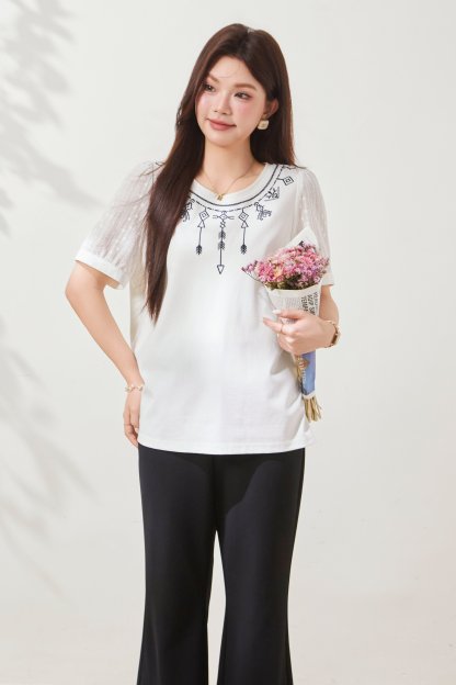 Embroidered Knit Patchwork Cotton T-Shirt FXZ6981