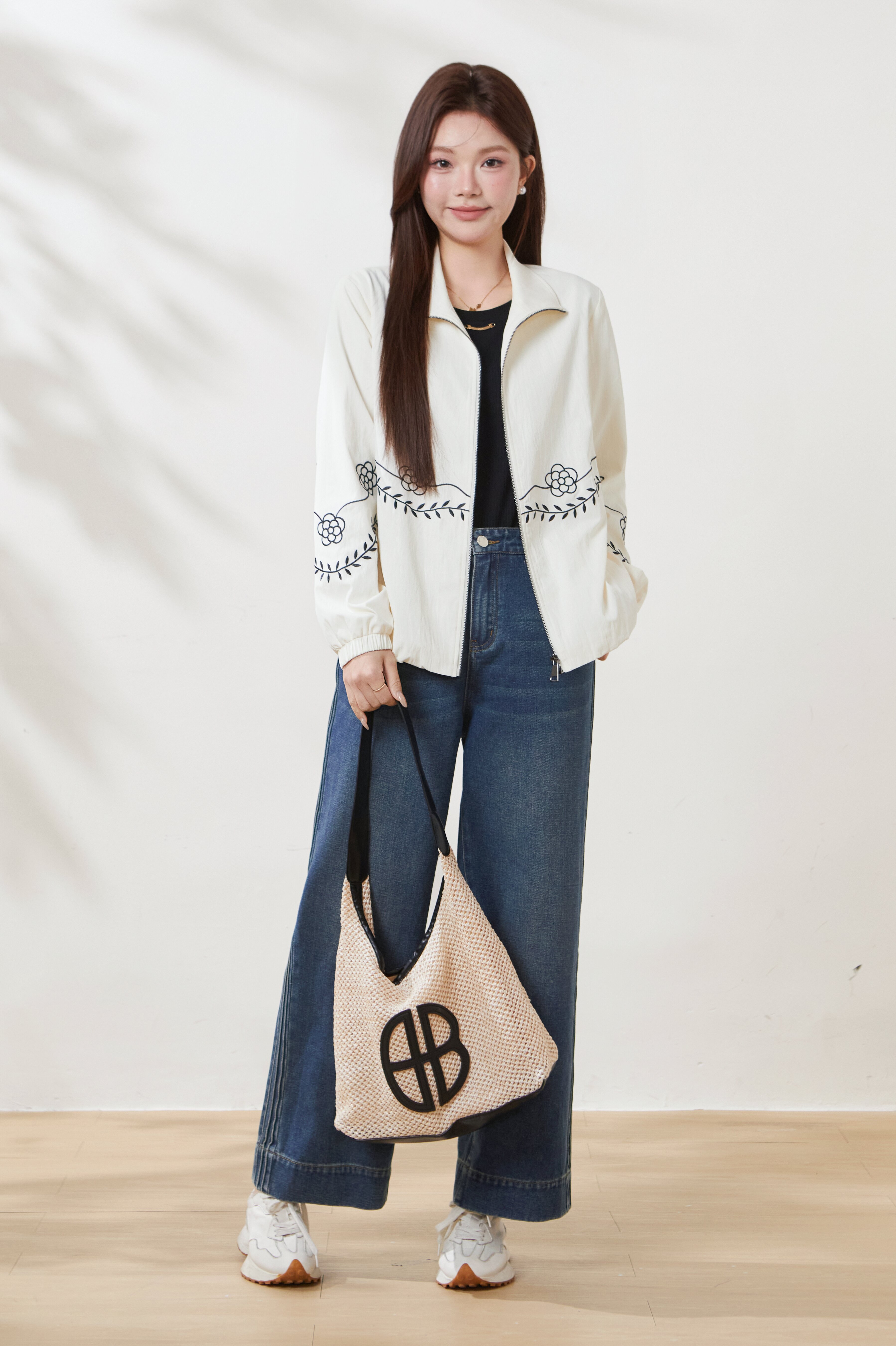 Drawstring Stand Collar Embroidered Jacket FCW6891