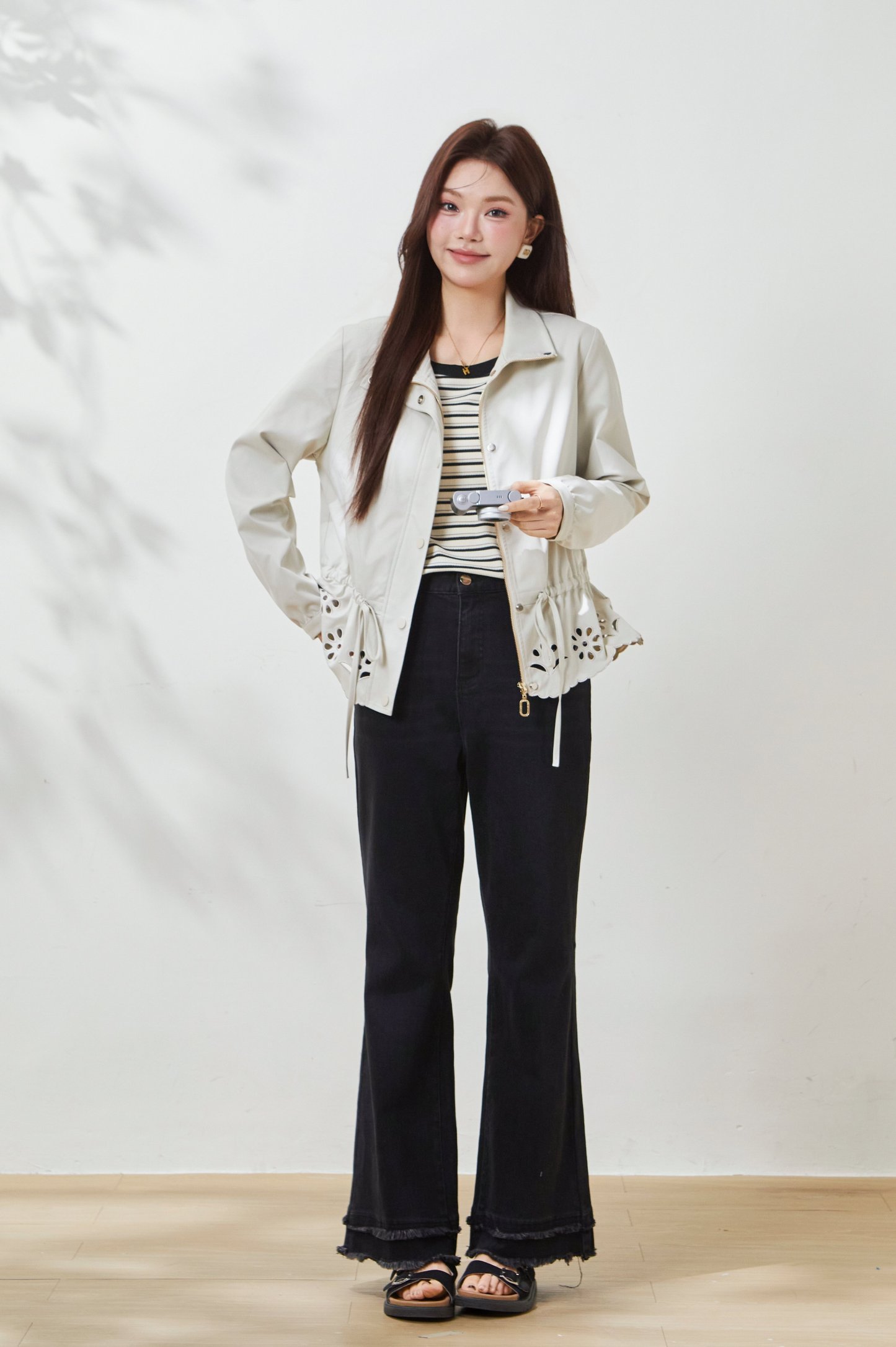 Stand-up collar hollowed-out waist-cinching jacket FCW7026