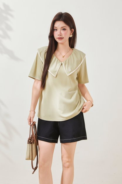 Doll Collar Embroidered Contrast Color Knit T-Shirt FXZ7055