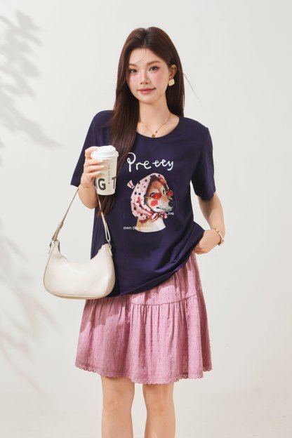 Round-neck sketch puppy print top FXZ7031