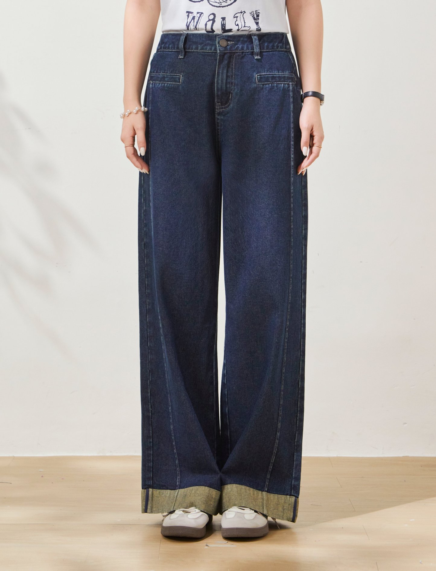 Vintage Wide-Leg Cuffed Hem Denim Pants FXK7022