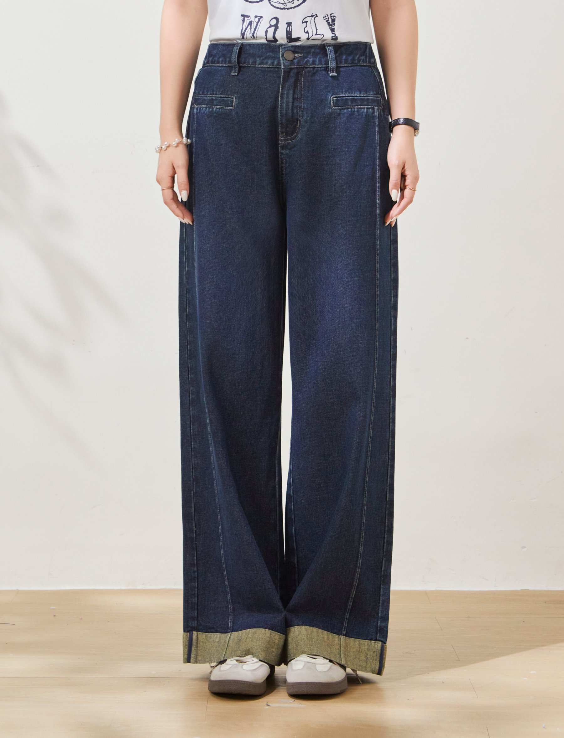 Vintage Wide-Leg Cuffed Hem Denim Pants FXK7022