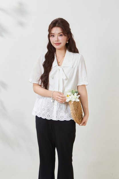 Waist-cinching heavy embroidery top FXA7058