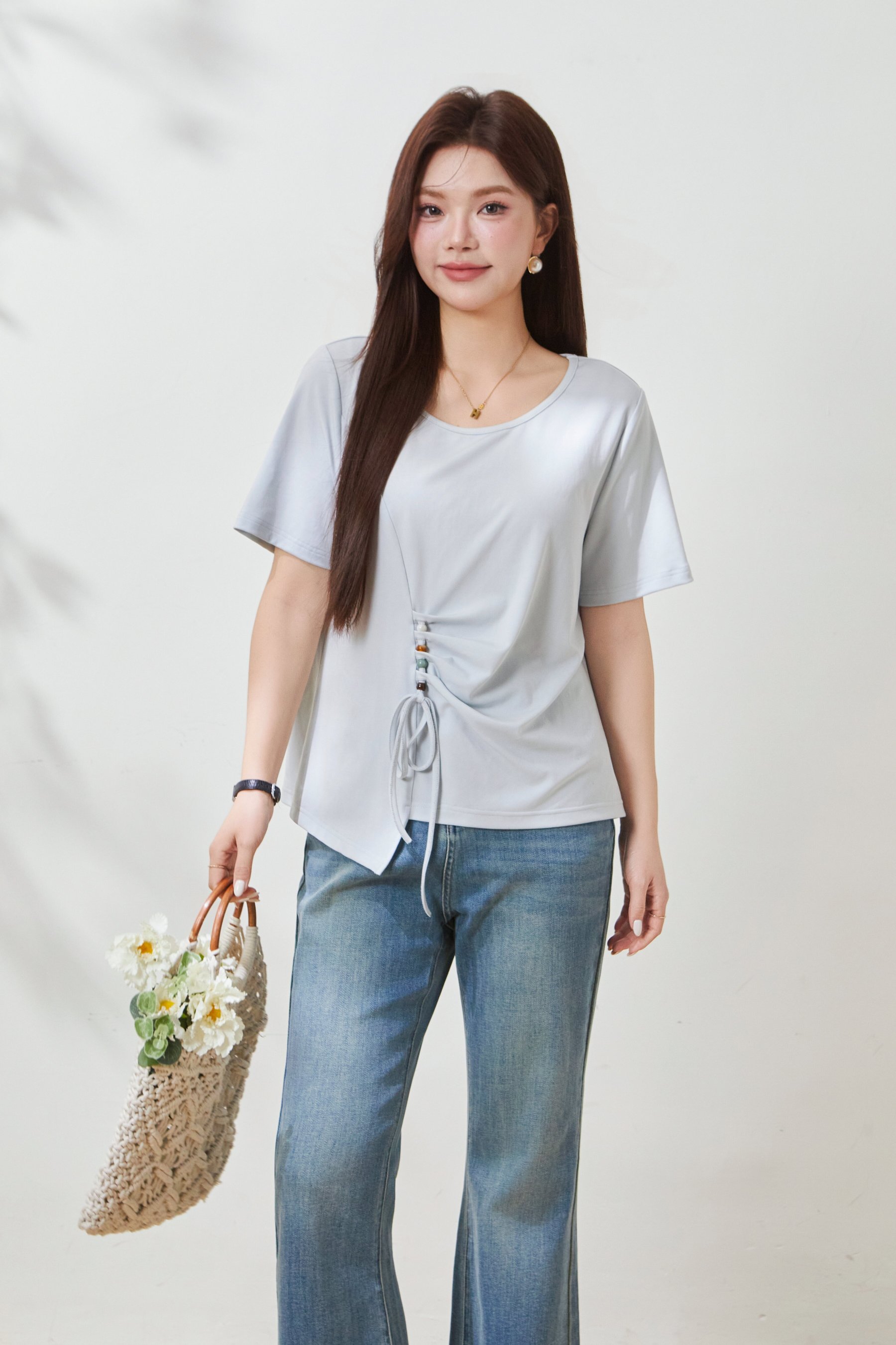 Round-neck, waist-cinching Tencel knit T-shirt FXZ7072