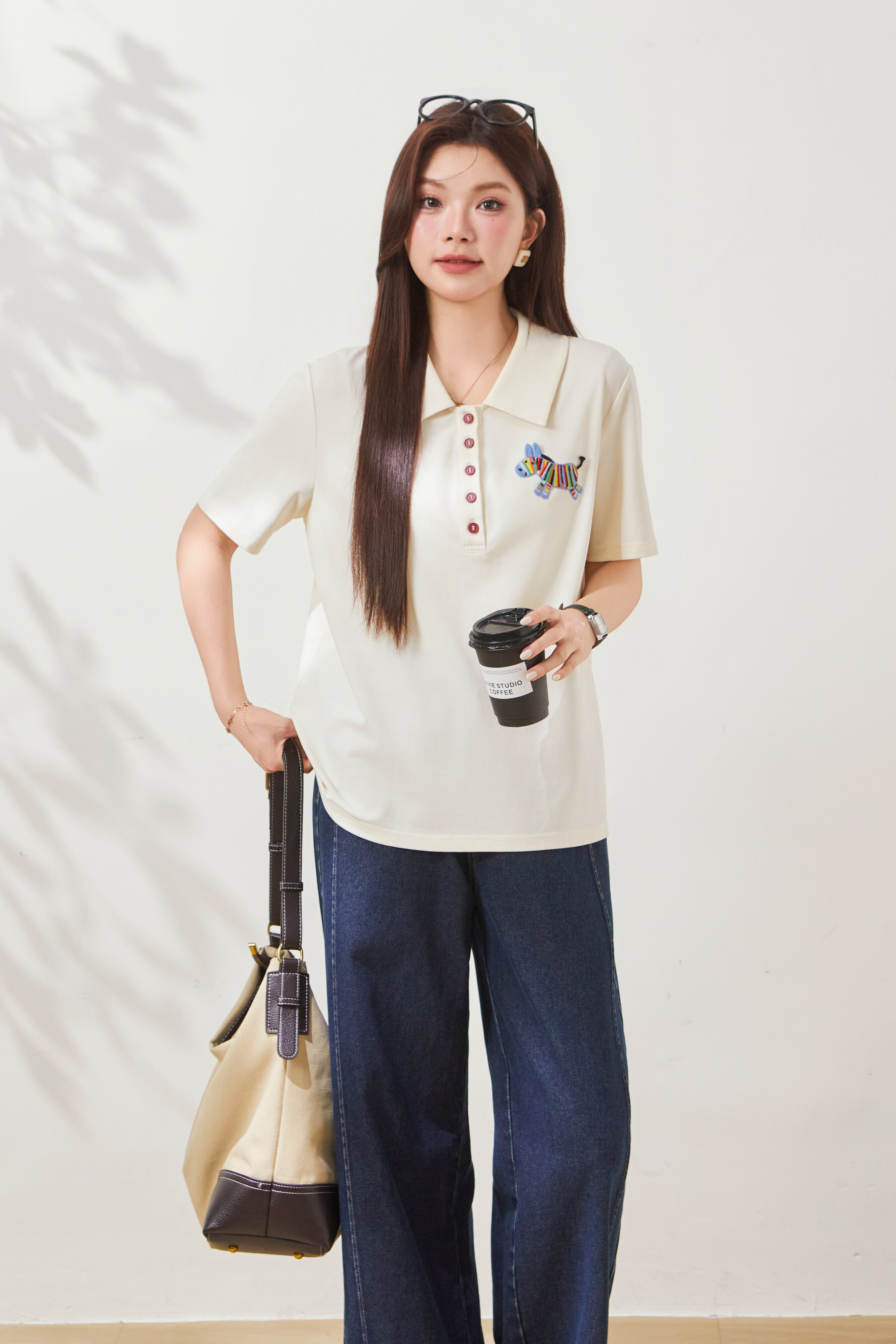 POLO collar short-sleeve T-shirt with horse embroidery FXZ7066