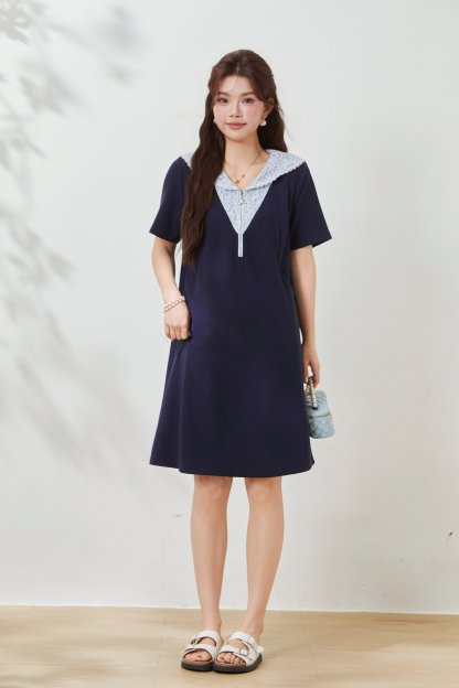 Two-tone navy collar dress with lace trim FXQ7051