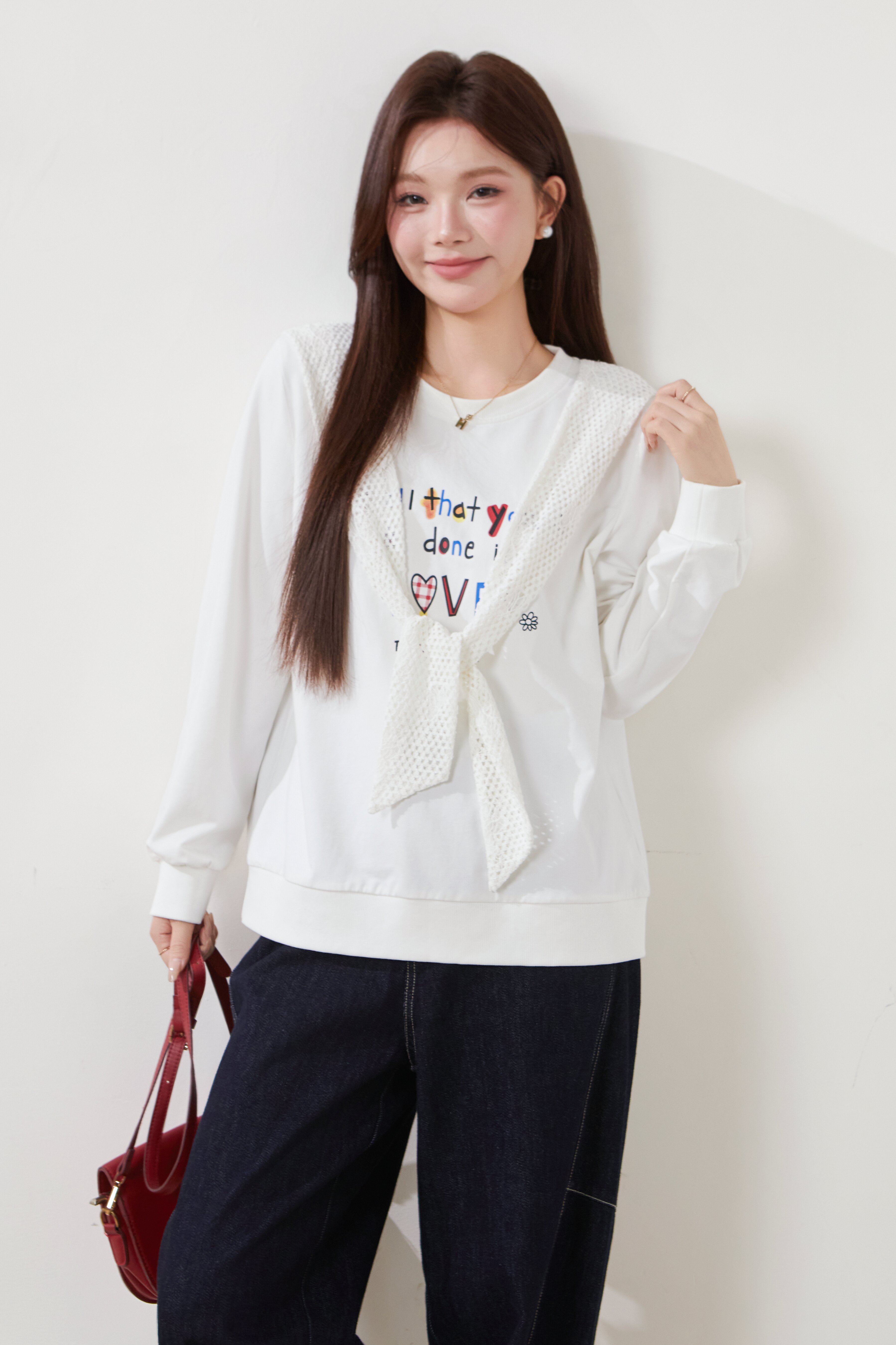 Lace Scarf Round Neck Printed Sweatshirt FCZ6866