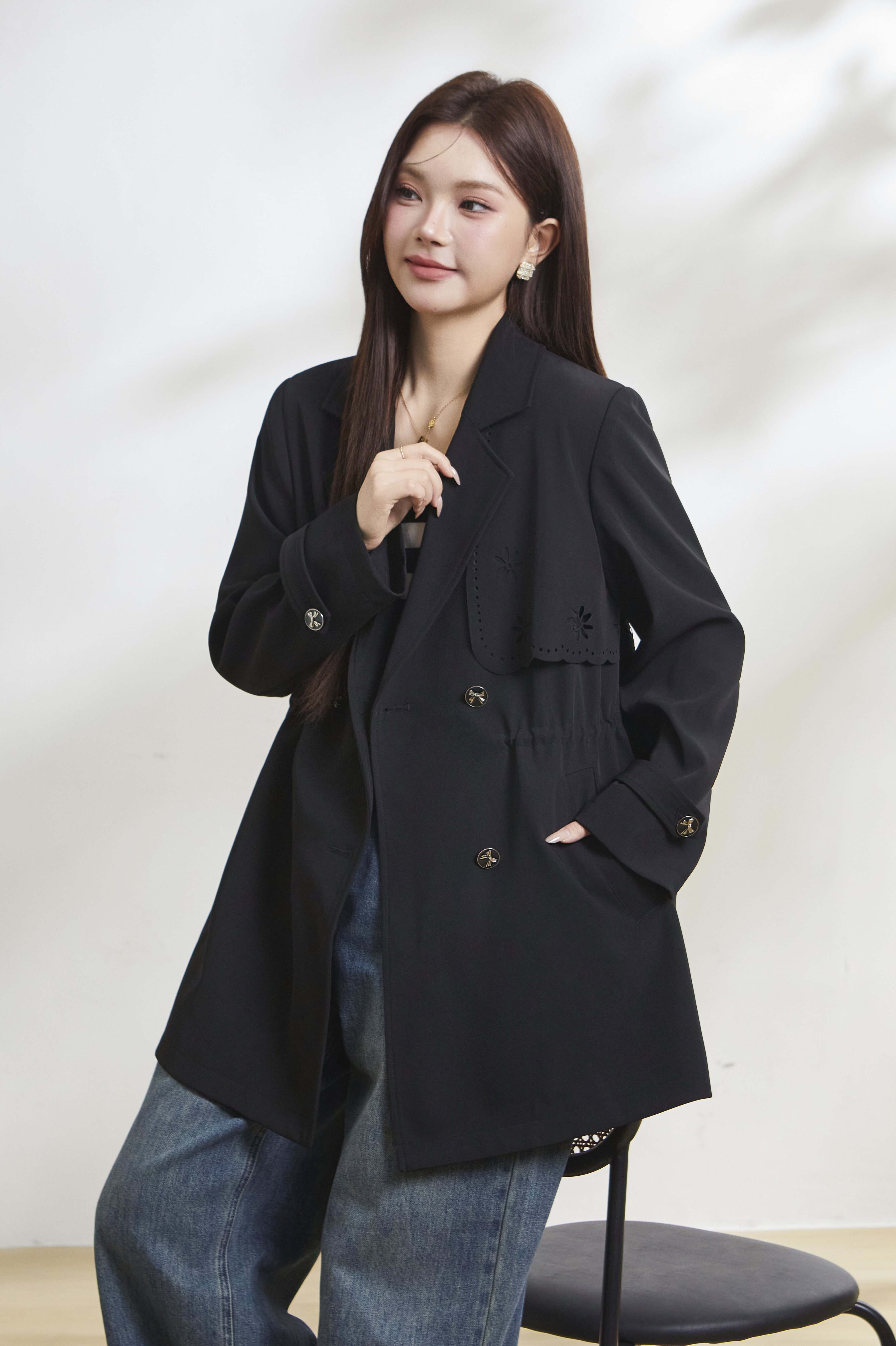 Double-breasted hollow embroidered trench coat FCW6976