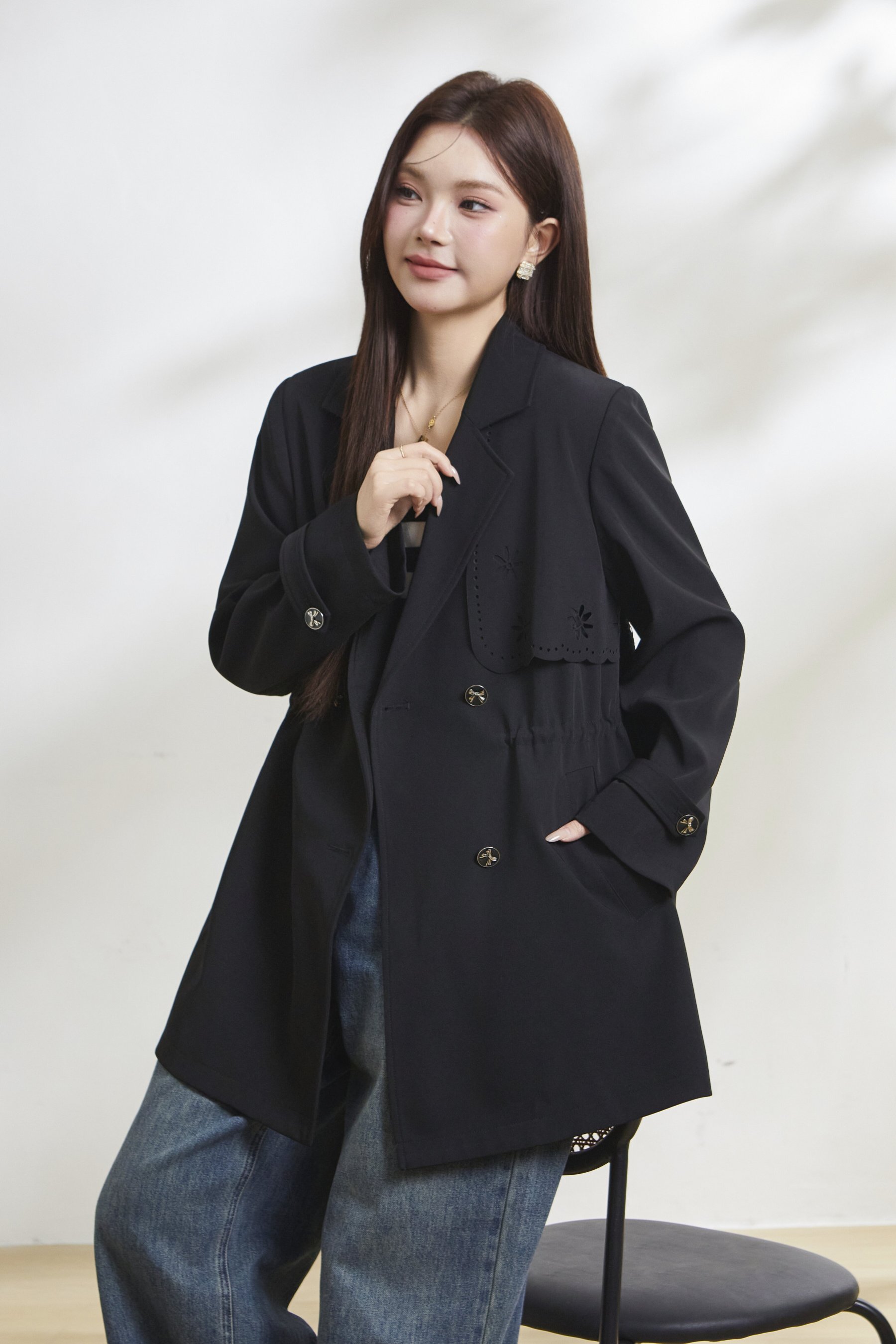Double-breasted hollow embroidered trench coat FCW6976
