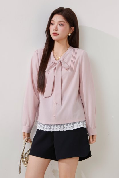 Lace-up lace-trim blouse FCA6863