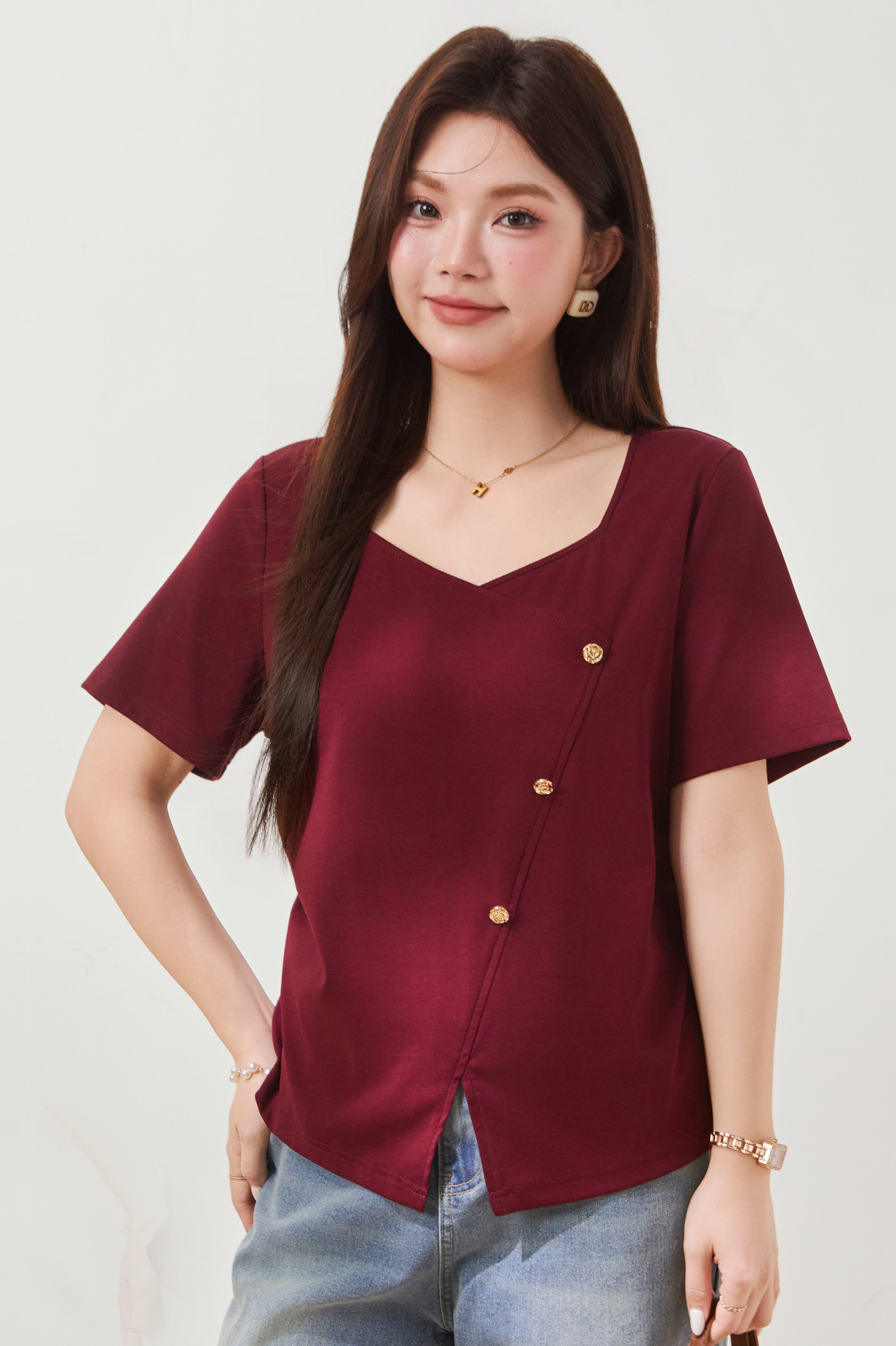 V-neck irregular design knitted T-shirt FXZ8015