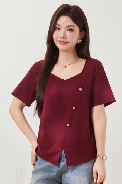 V-neck irregular design knitted T-shirt FXZ8015