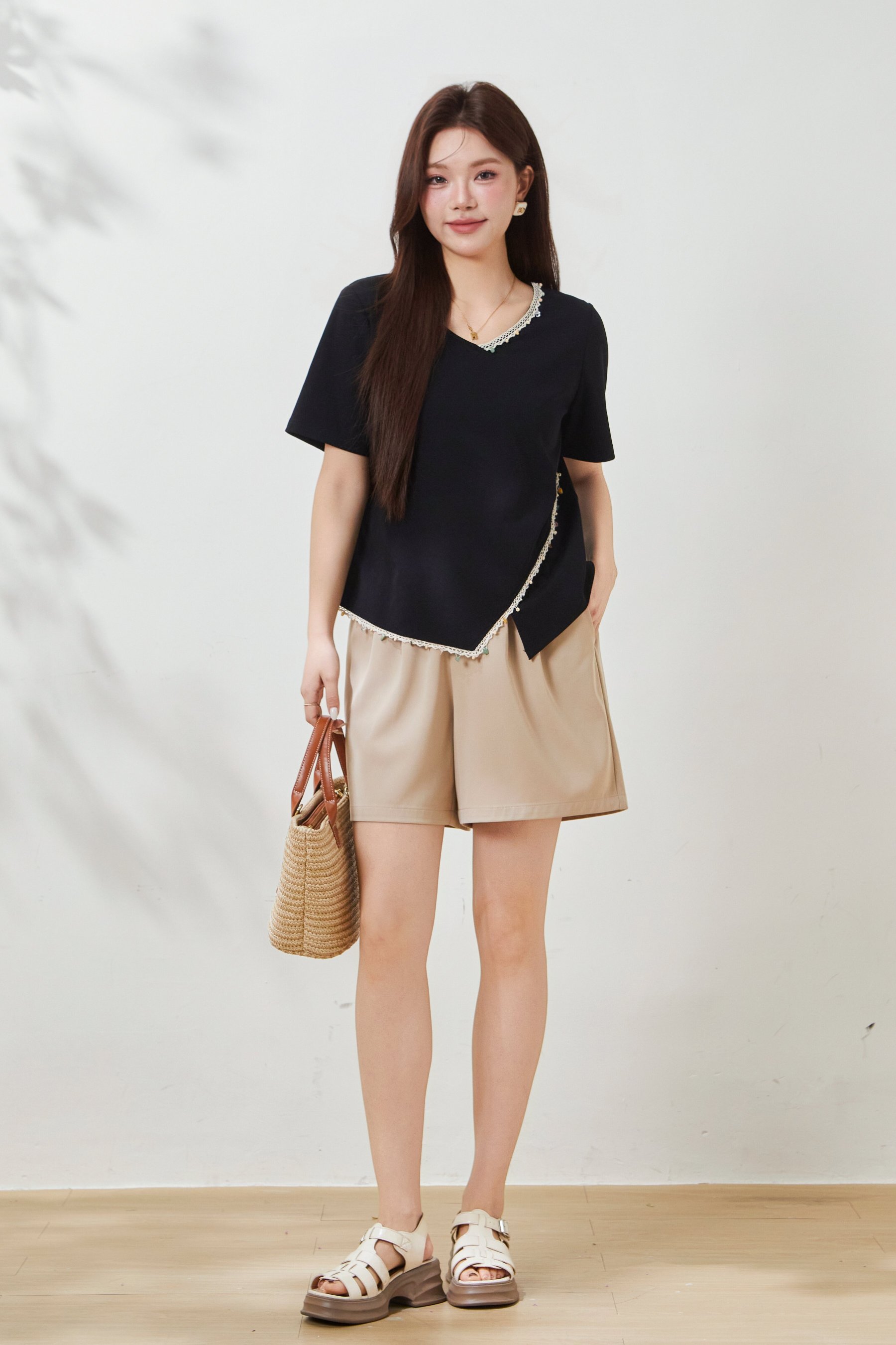 Irregular knit with waist cinching T-shirt FXZ7033