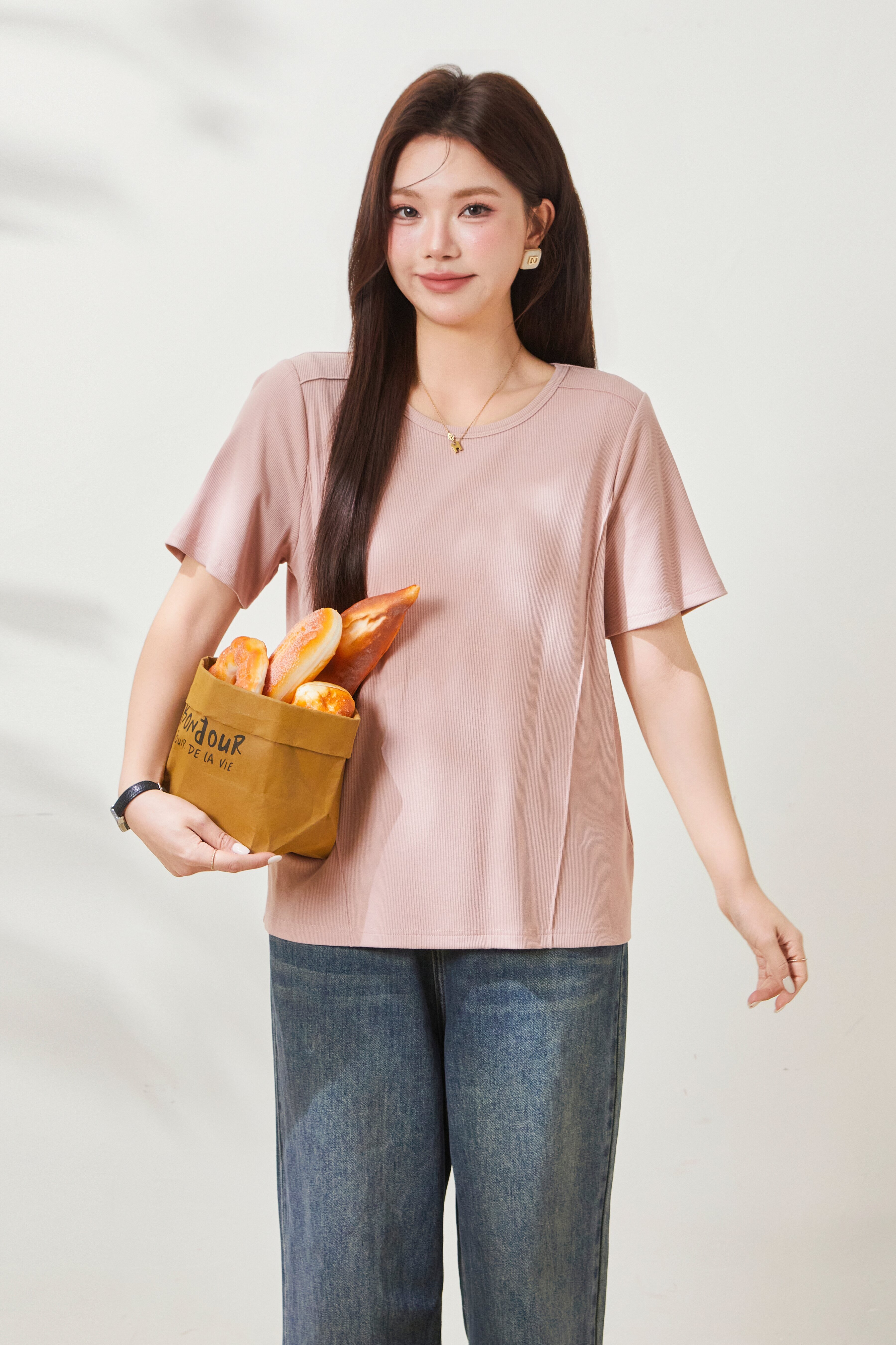 Simple and versatile anti-aging front shoulder knitted T shirt FXZ8062