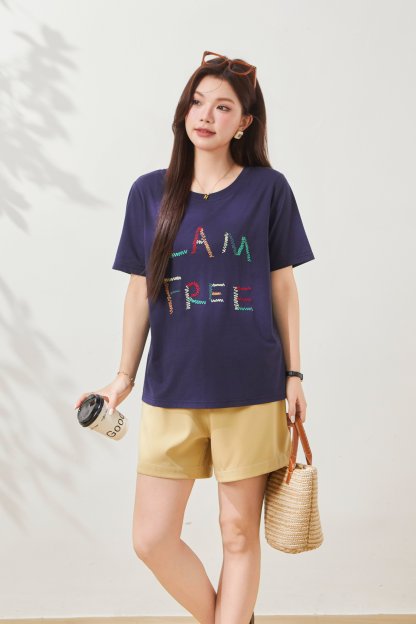 Colorful letter embroidered round neck T-shirt FXZ7090