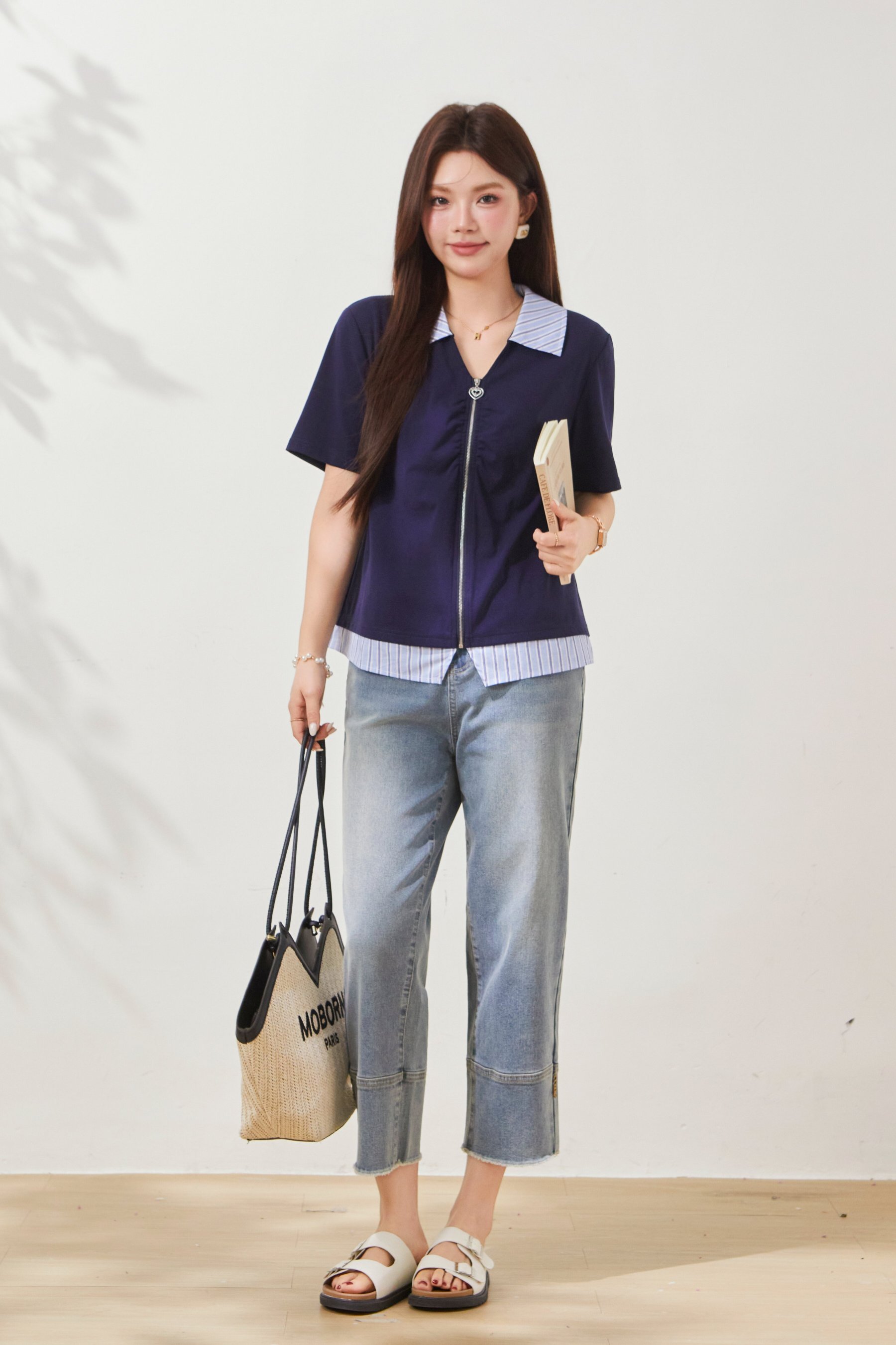 Striped patchwork fake two-piece knitted shirt FXZ8010