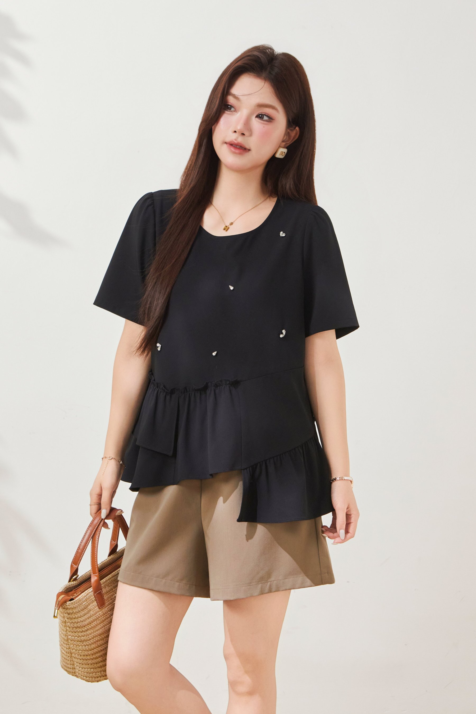 Round neck nail bead ruffle irregular top FXA7078