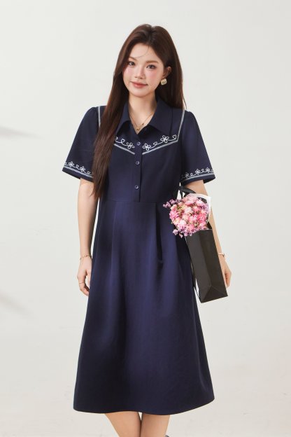 Retro embroidered waist cinching slimming shirt dress FXQ8036