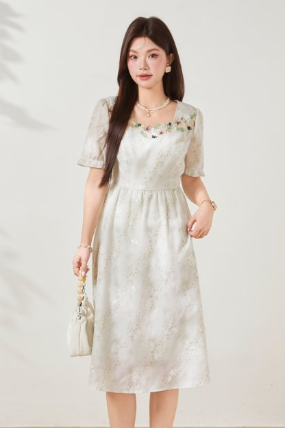Vacation style square collar floral waist cinching dress FXQ7098