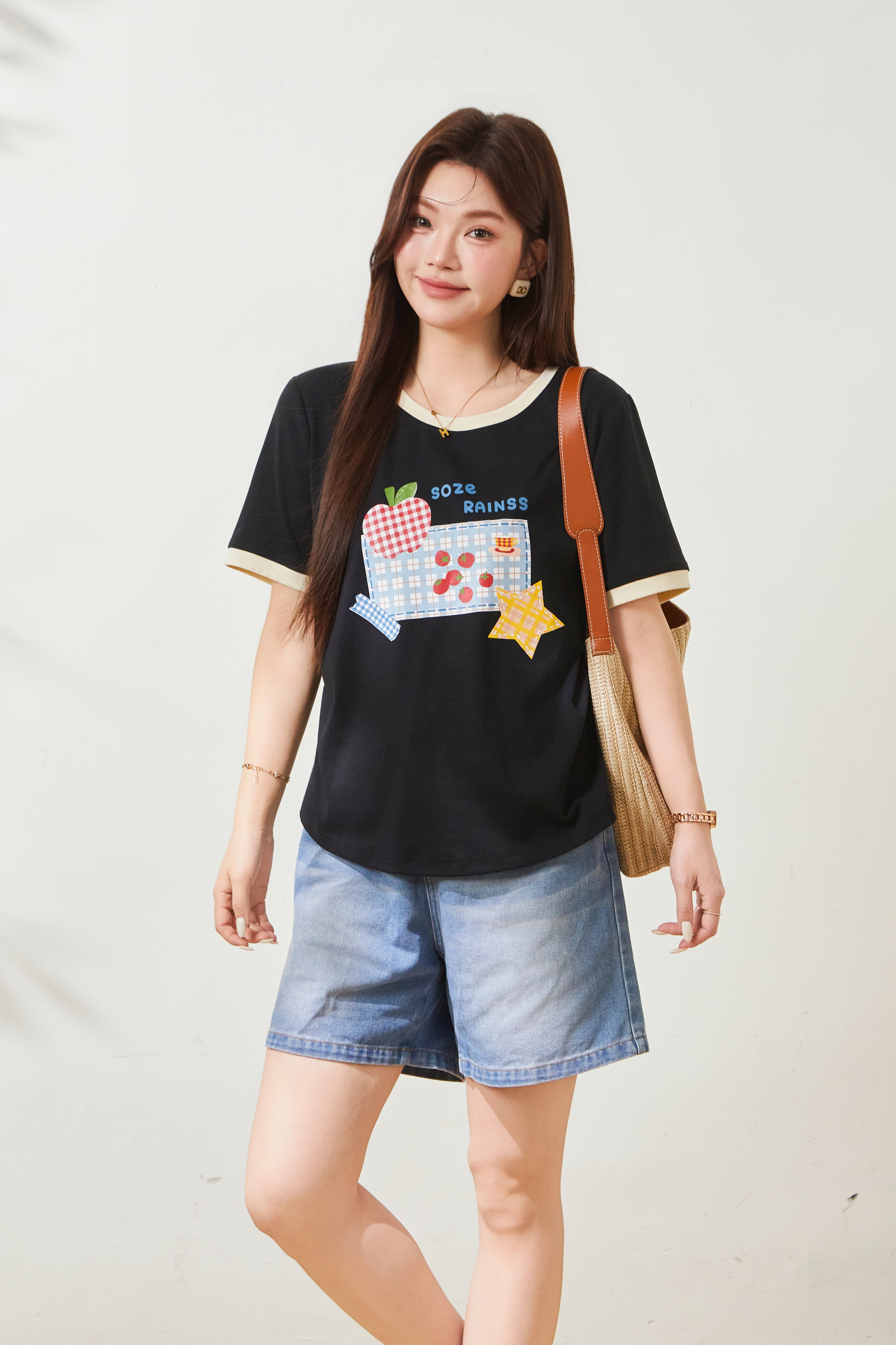 Fun Printed Color blocked Collar Waist T-shirt FXZ7083