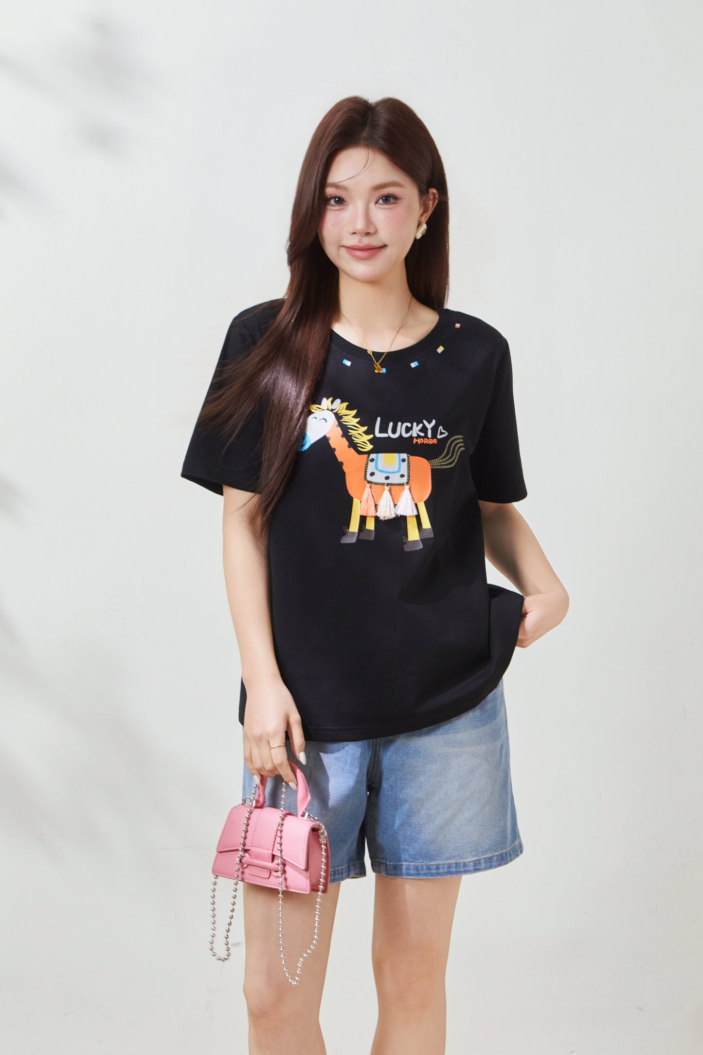 Unique cartoon printed fringe pony T-shirt FXZ8073
