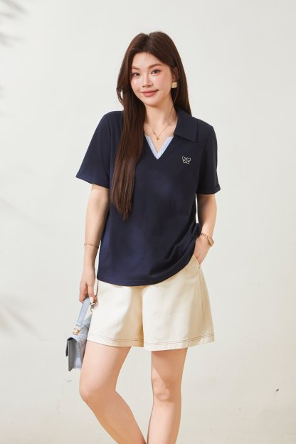 POLO collar embroidered striped V-neck T-shirt FXZ8077