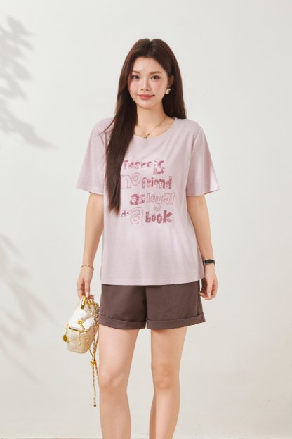 Loose round neck heavy-duty embroidered T-shirt FXZ8025