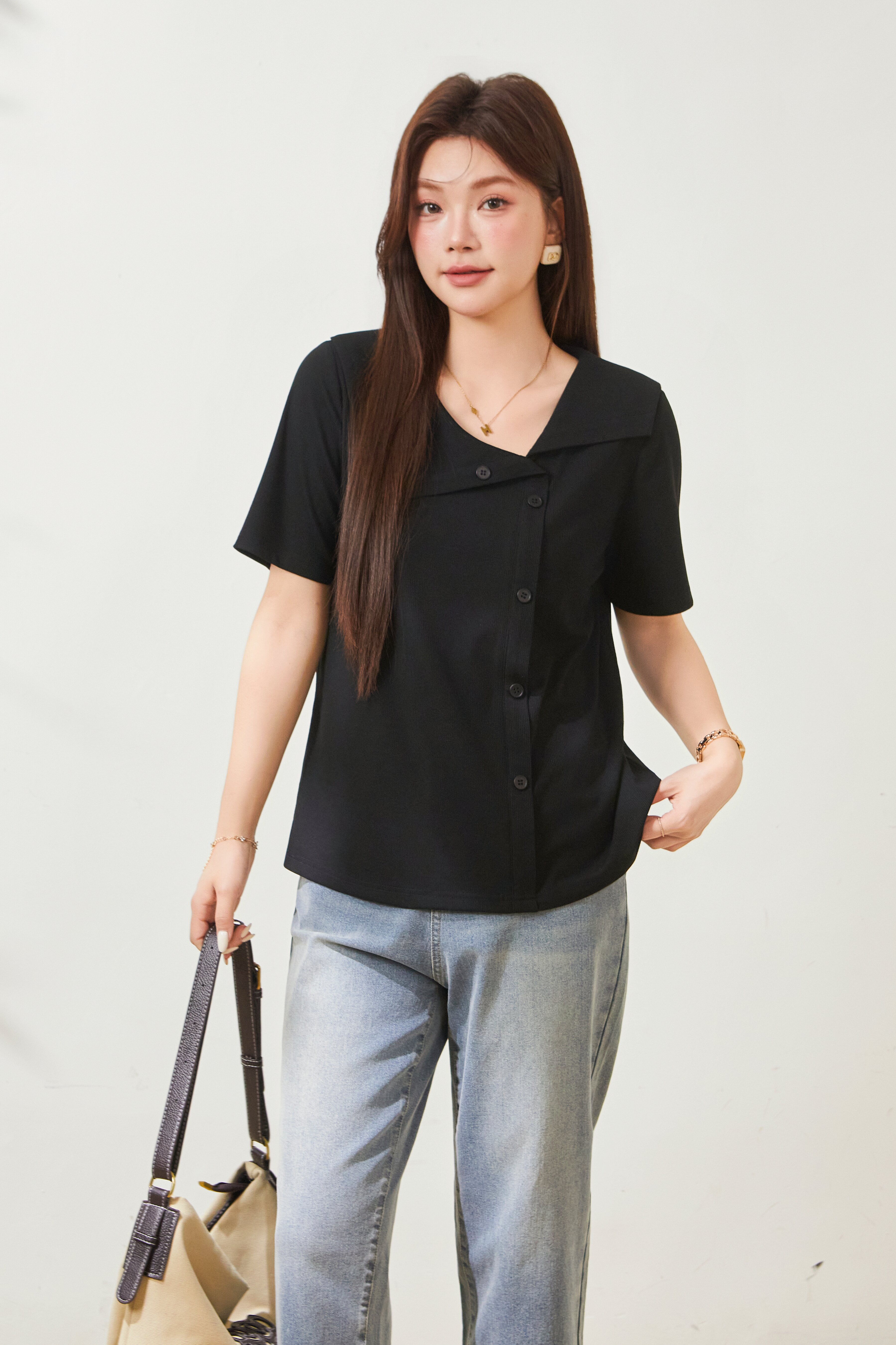Flip collar chic slimming T-shirt FXZ9018