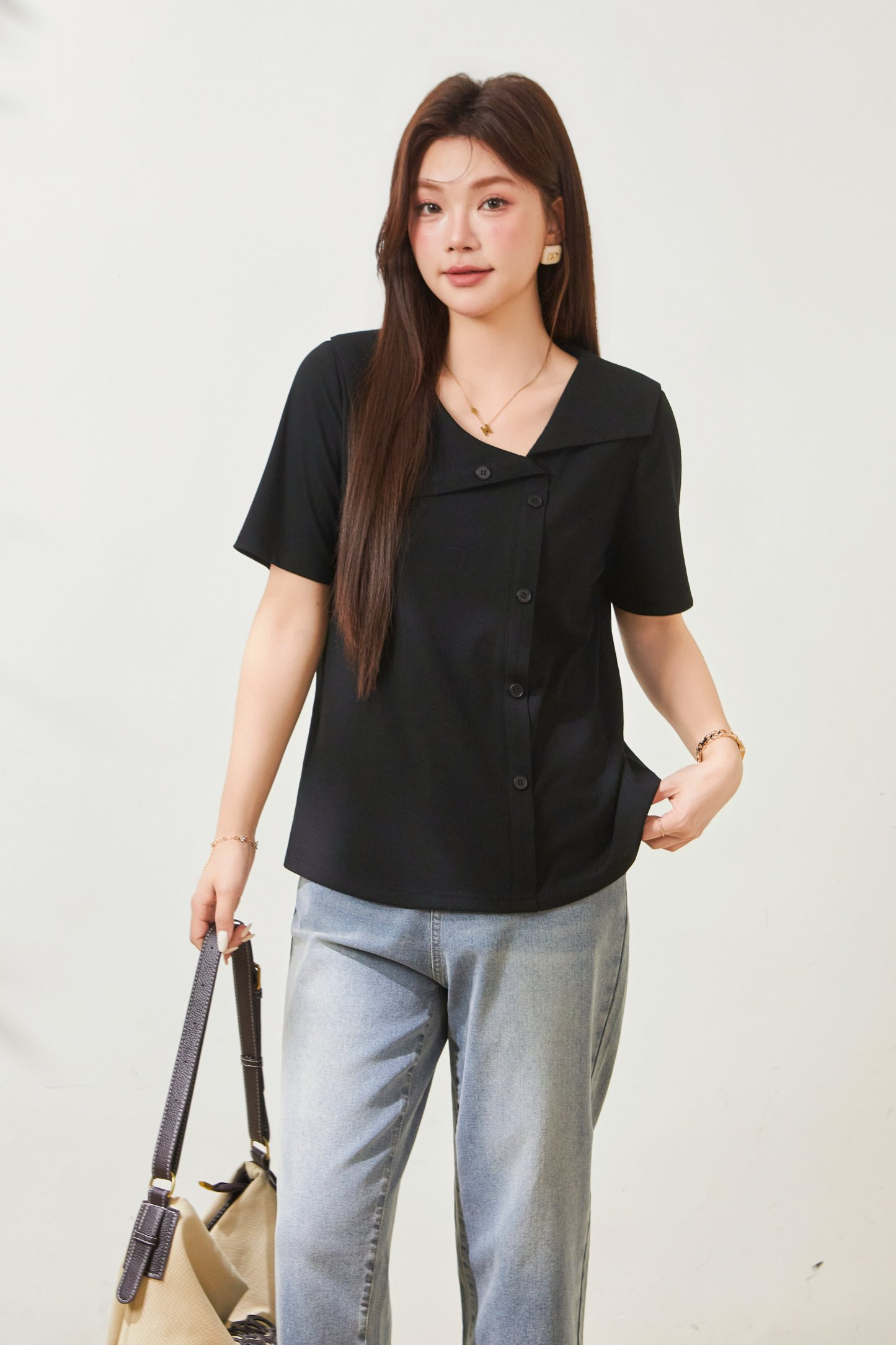 Flip collar chic slimming T-shirt FXZ9018