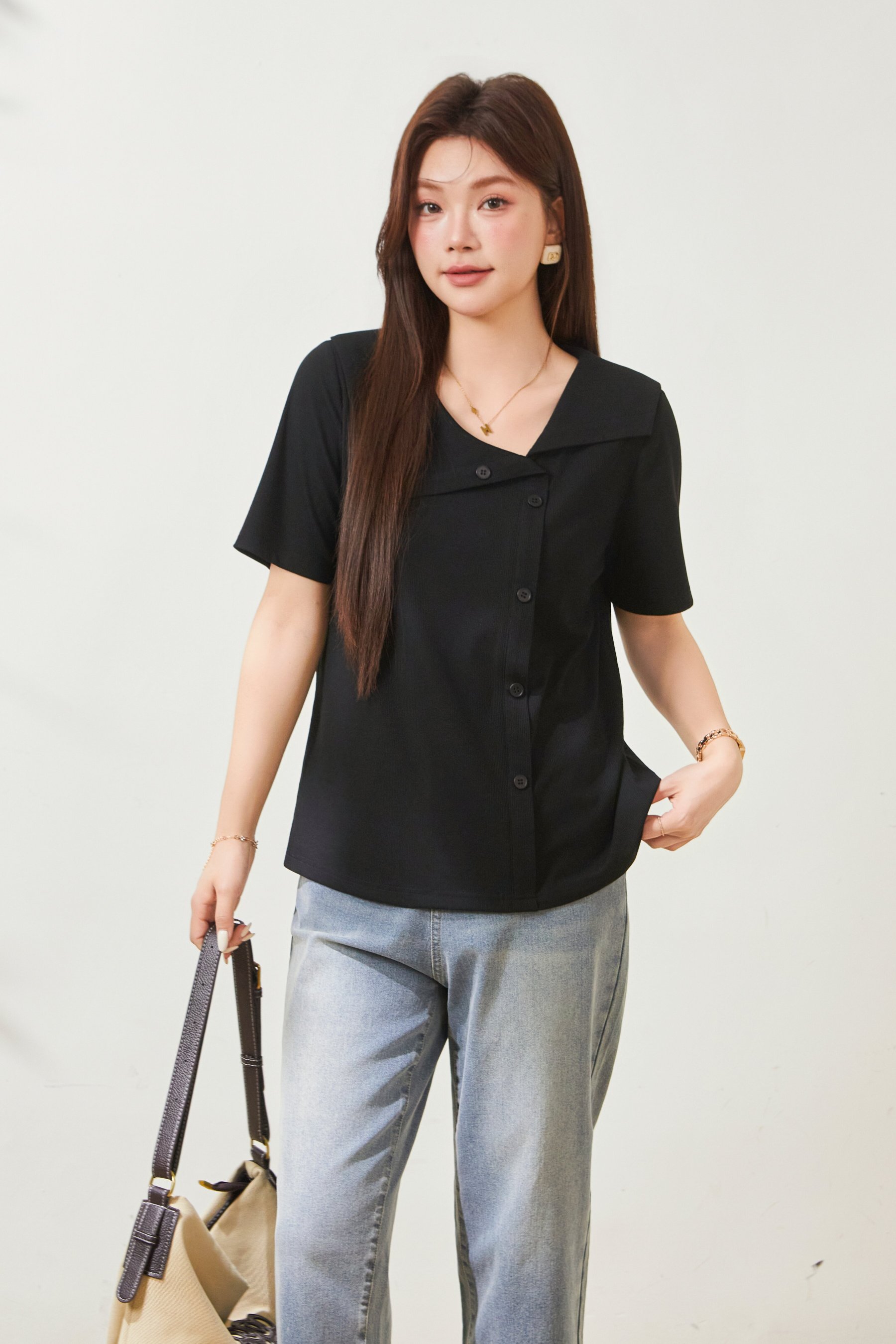 Flip collar chic slimming T-shirt FXZ9018