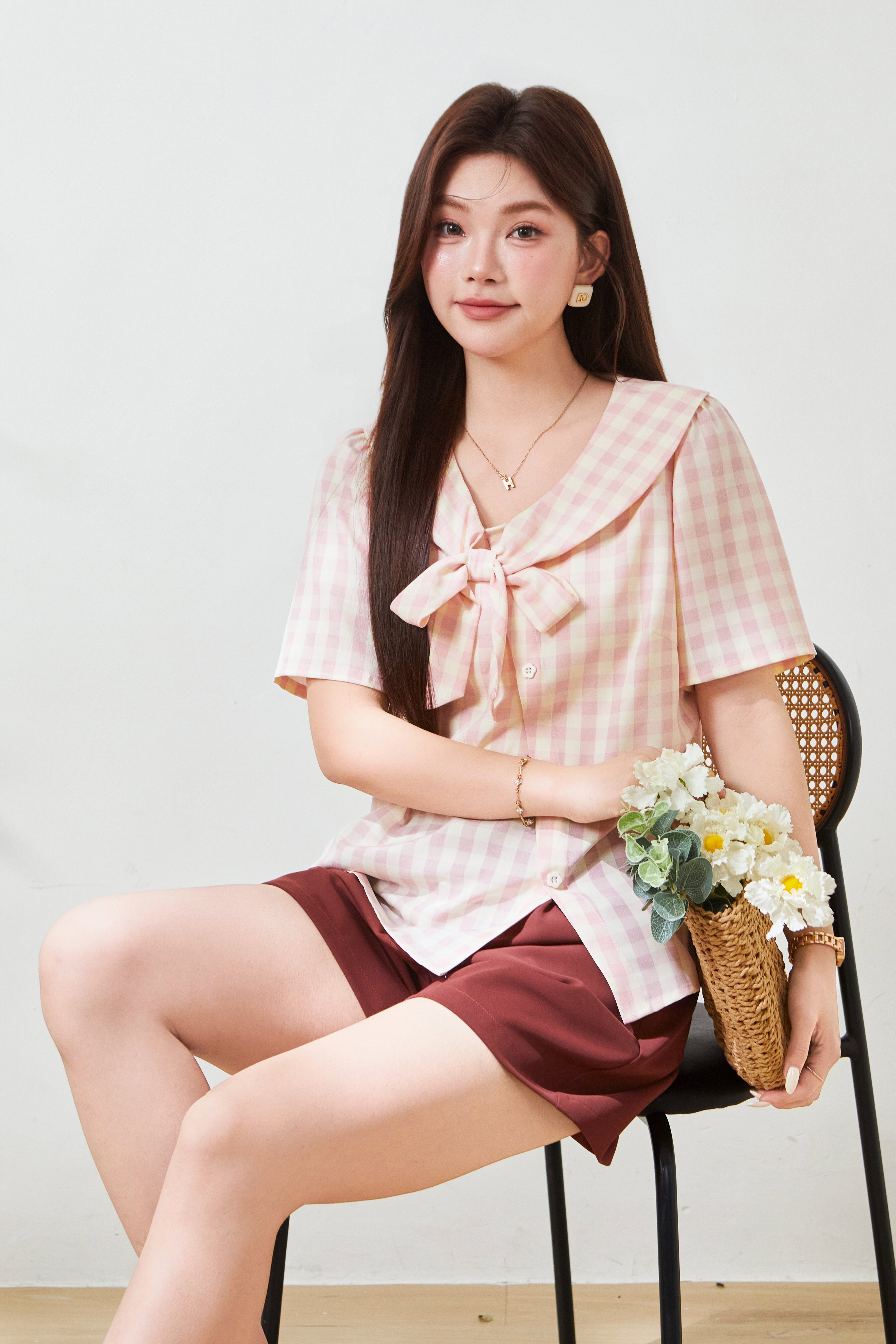 Bow plaid navy collar sweet shirt FXA9005