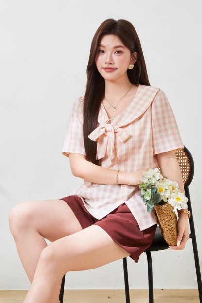 Bow plaid navy collar sweet shirt FXA9005