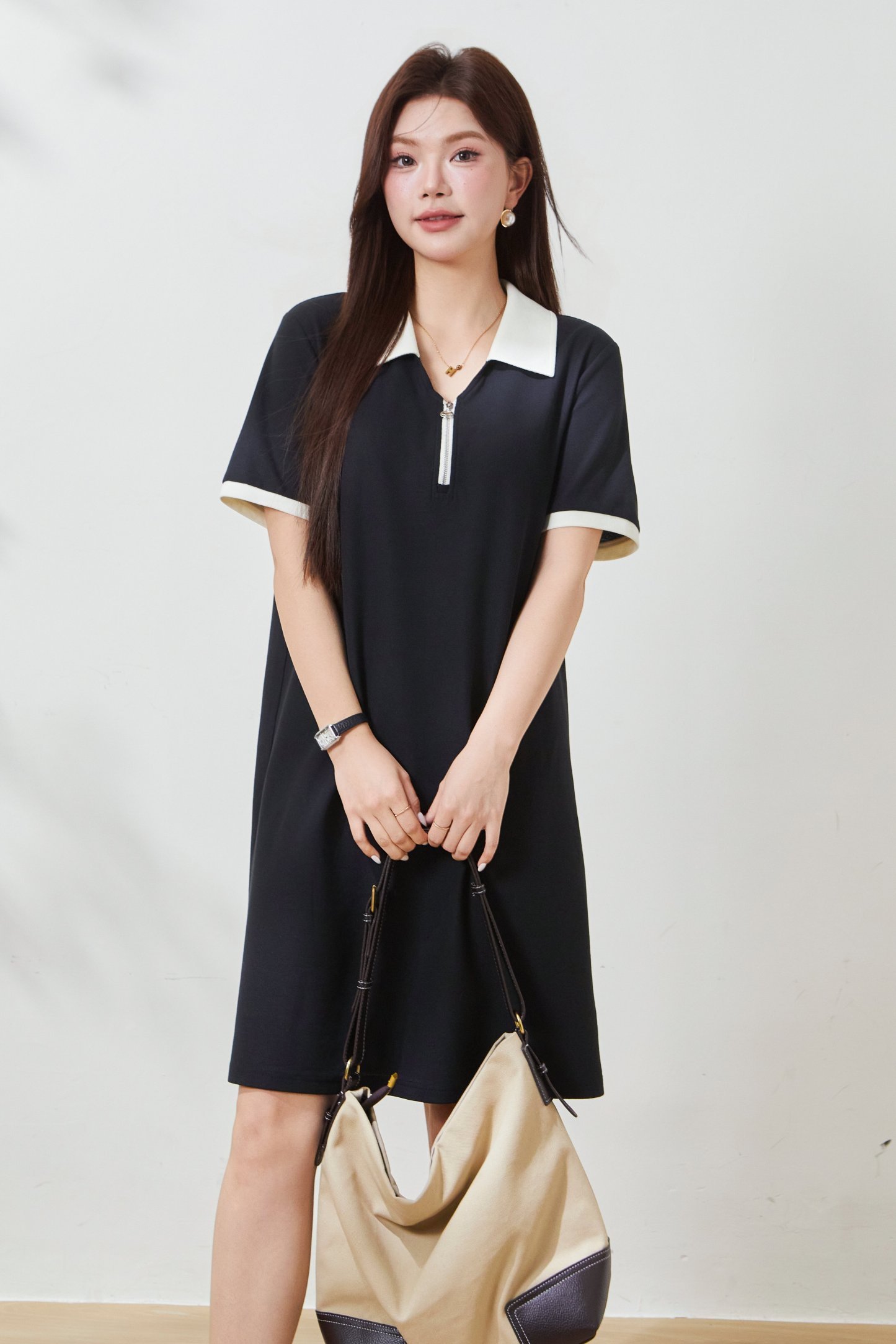Color blocked POLO collar half zipper slimming dress FXQ7096