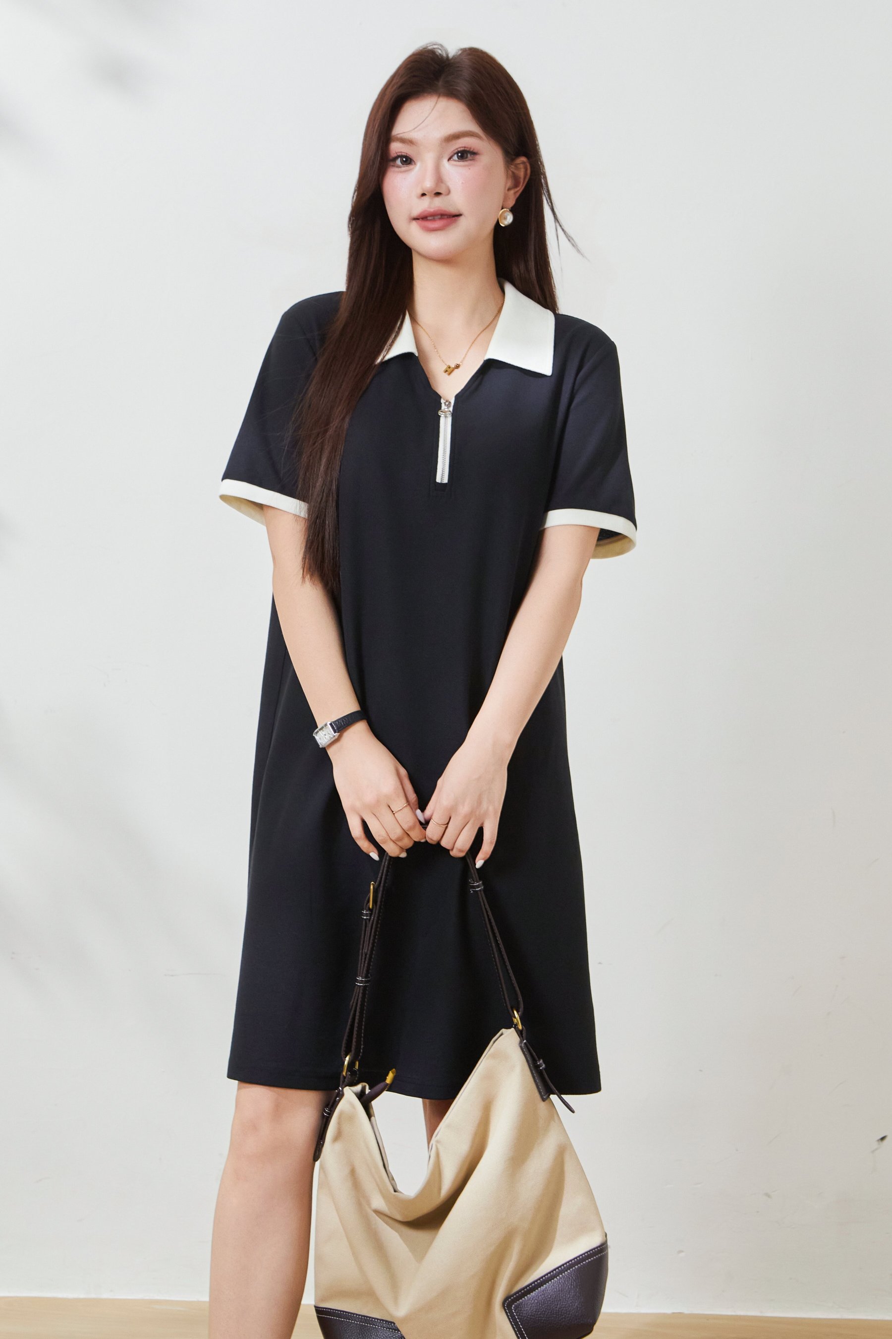 Color blocked POLO collar half zipper slimming dress FXQ7096