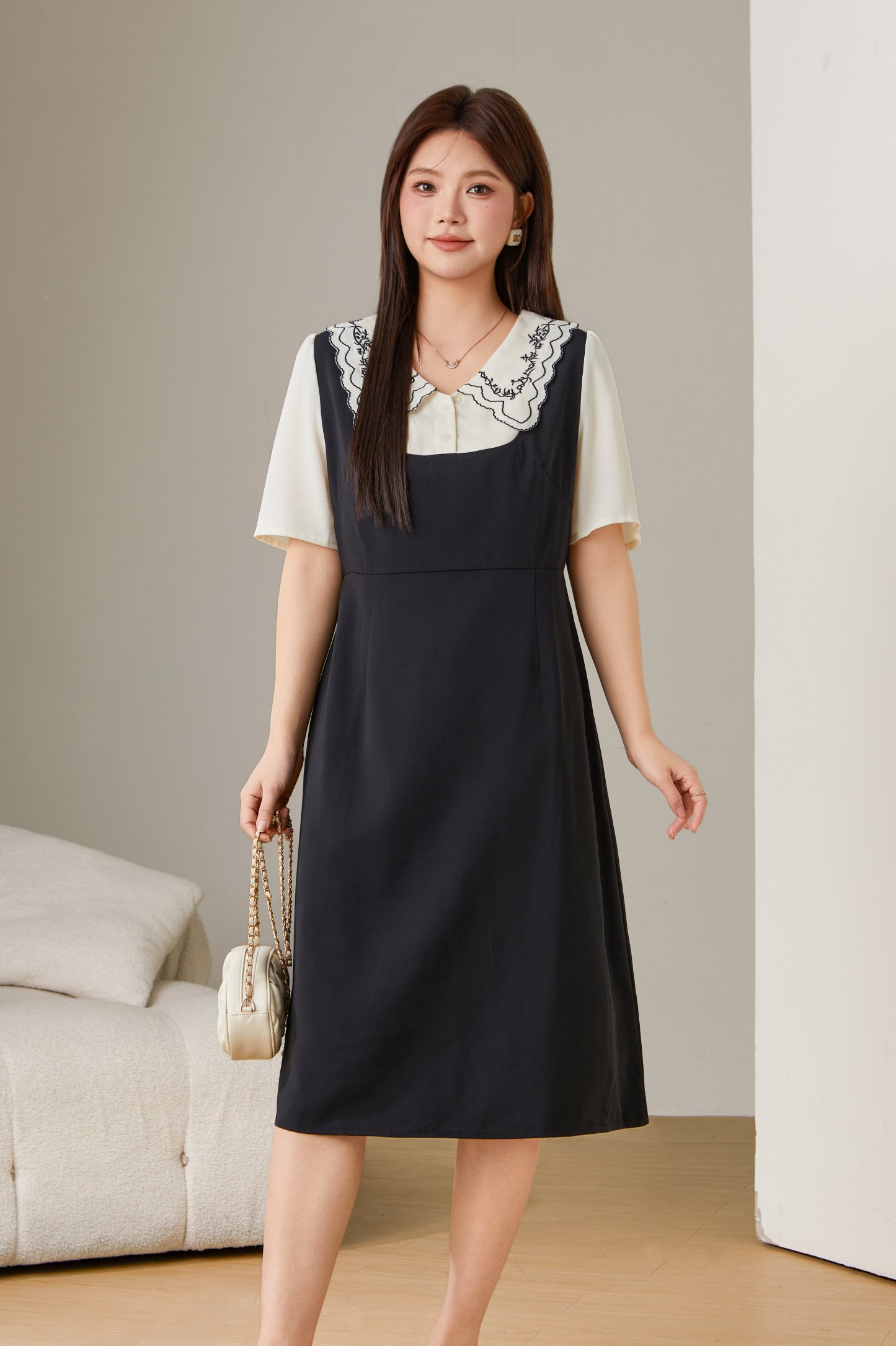 Doll Collar Patchwork Fake Two-Piece Dress DXQ1929