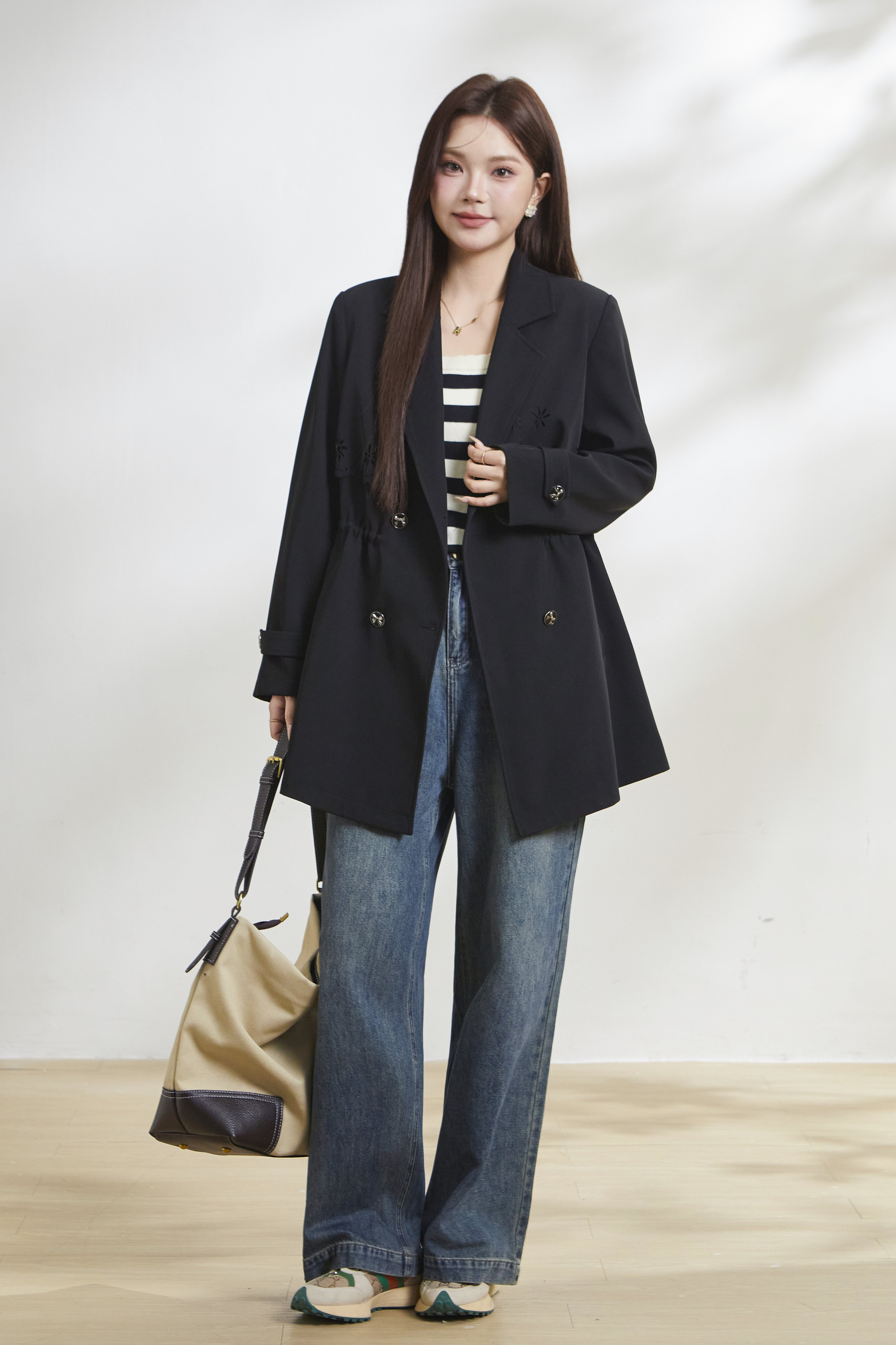 Double-breasted hollow embroidered trench coat FCW6976