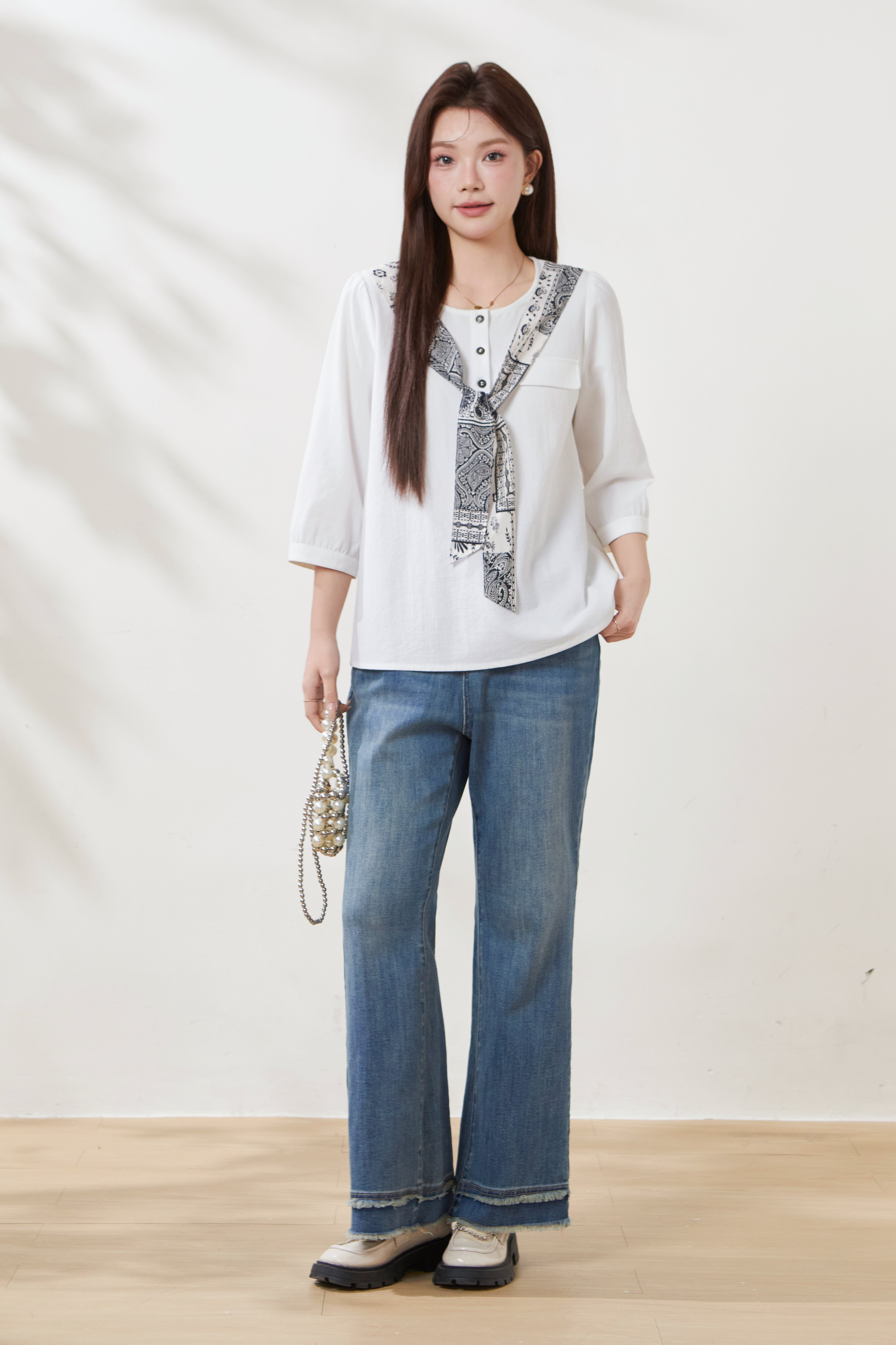 Printed shawl with ribbon, imitation cotton-linen blouse FCA6925