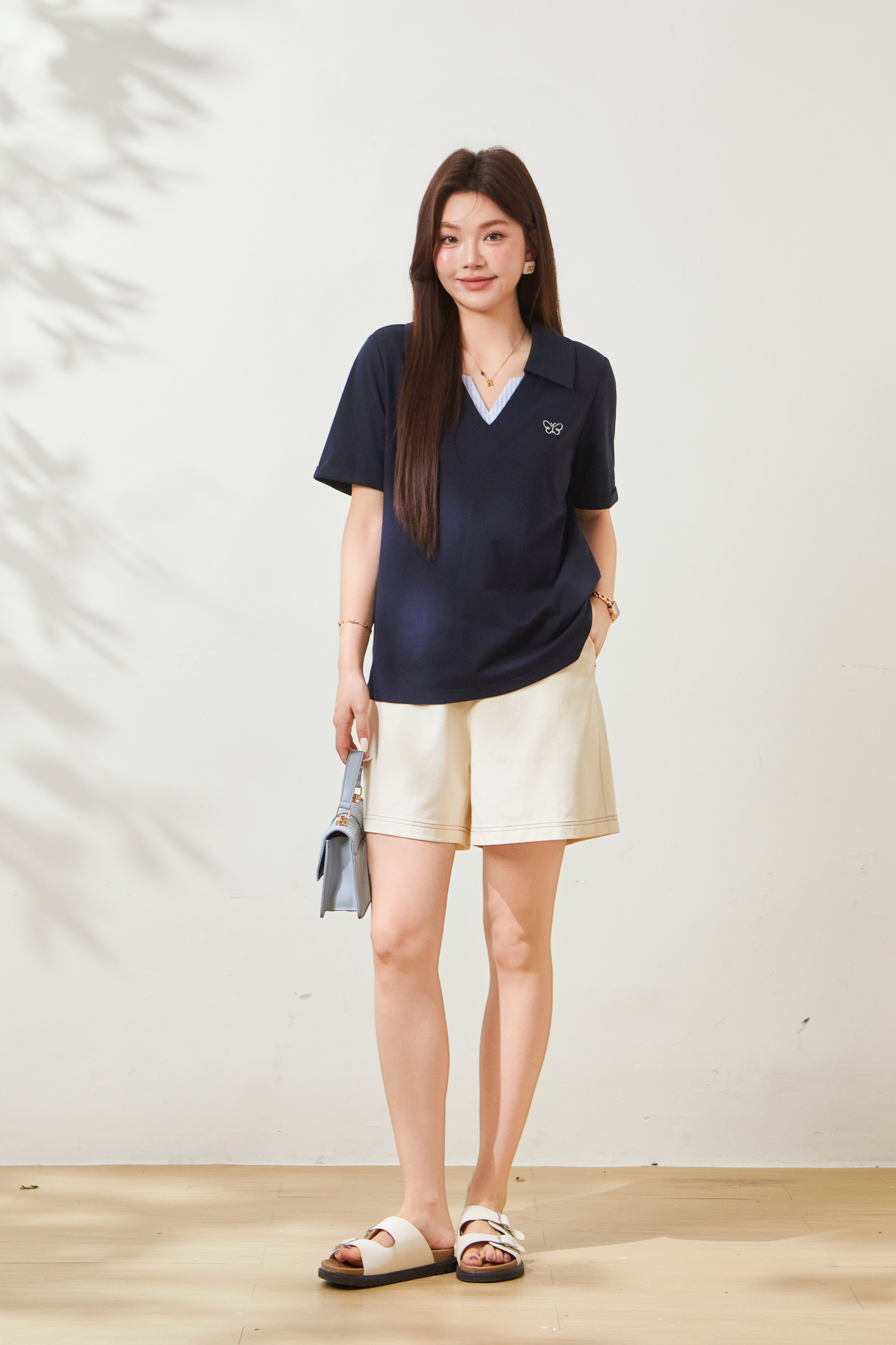 POLO collar embroidered striped V-neck T-shirt FXZ8077