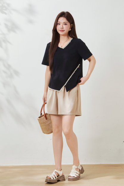 Irregular knit with waist cinching T-shirt FXZ7033