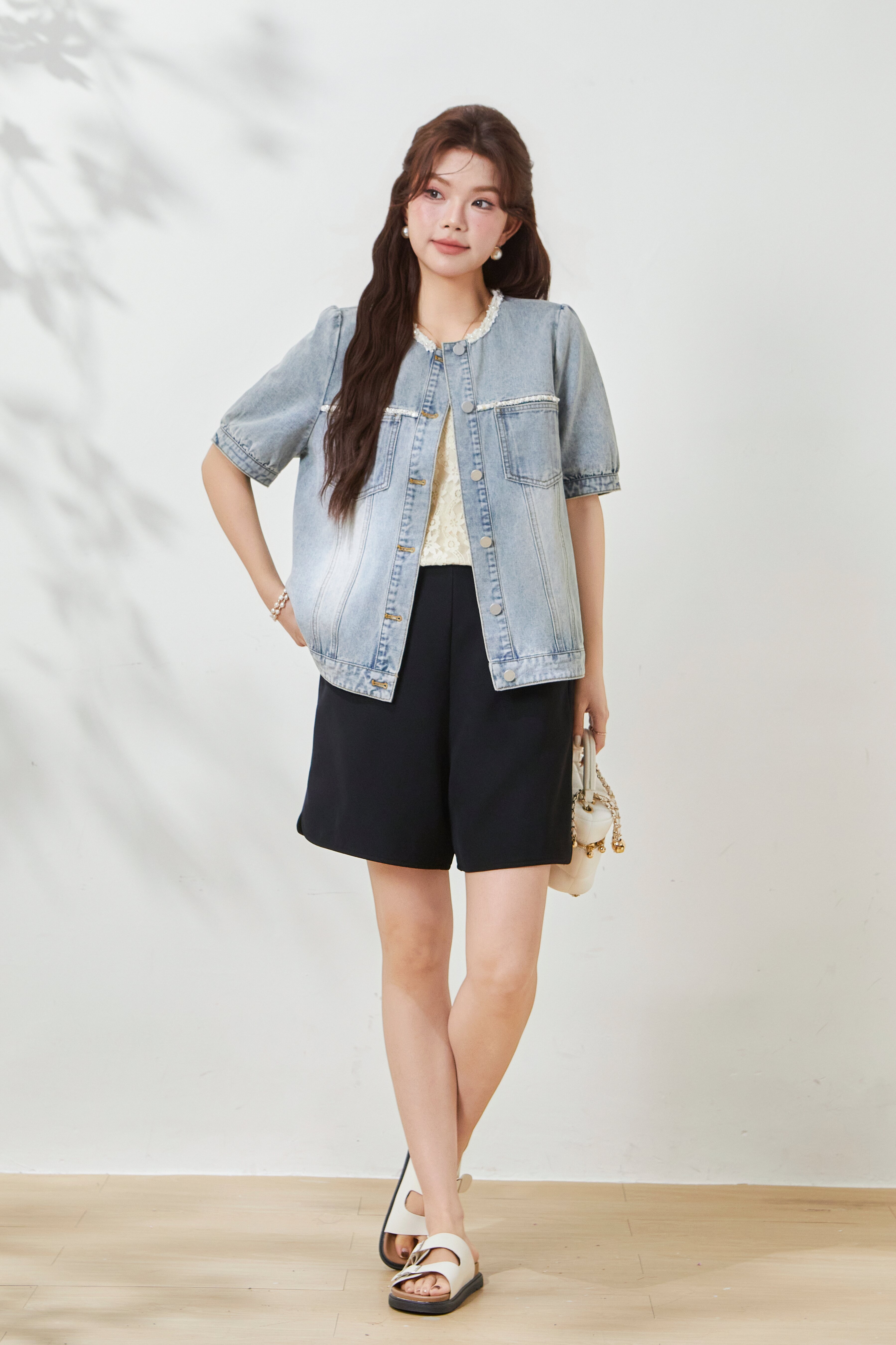 Mid-sleeve youthful denim jacket with pearl embellishments FCW8009