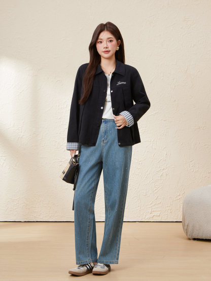 Versatile Plaid Cuff Denim Jacket EDW5676