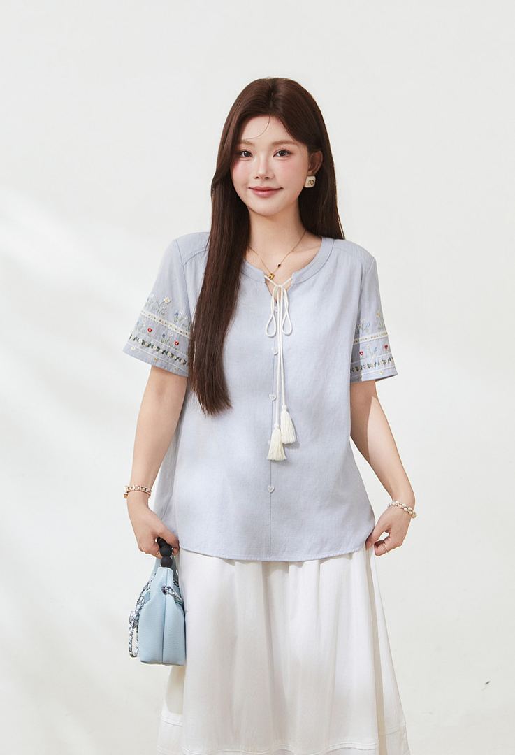 Summer Plus Size French Tie Slimming Tummy Control Blouse FXA7100