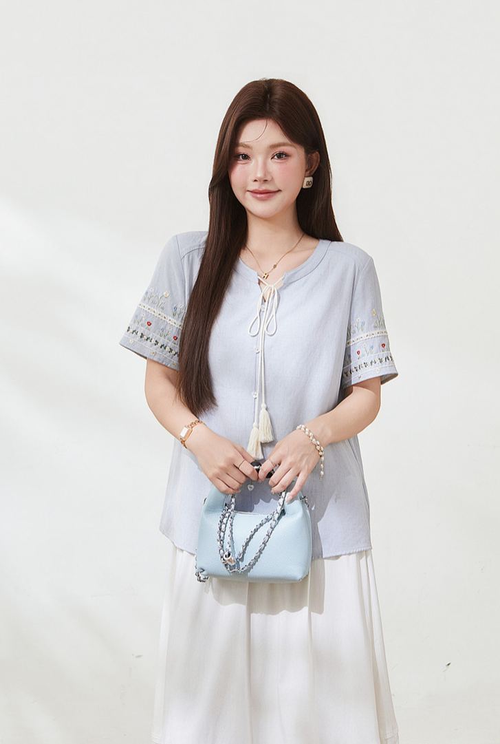 Summer Plus Size French Tie Slimming Tummy Control Blouse FXA7100